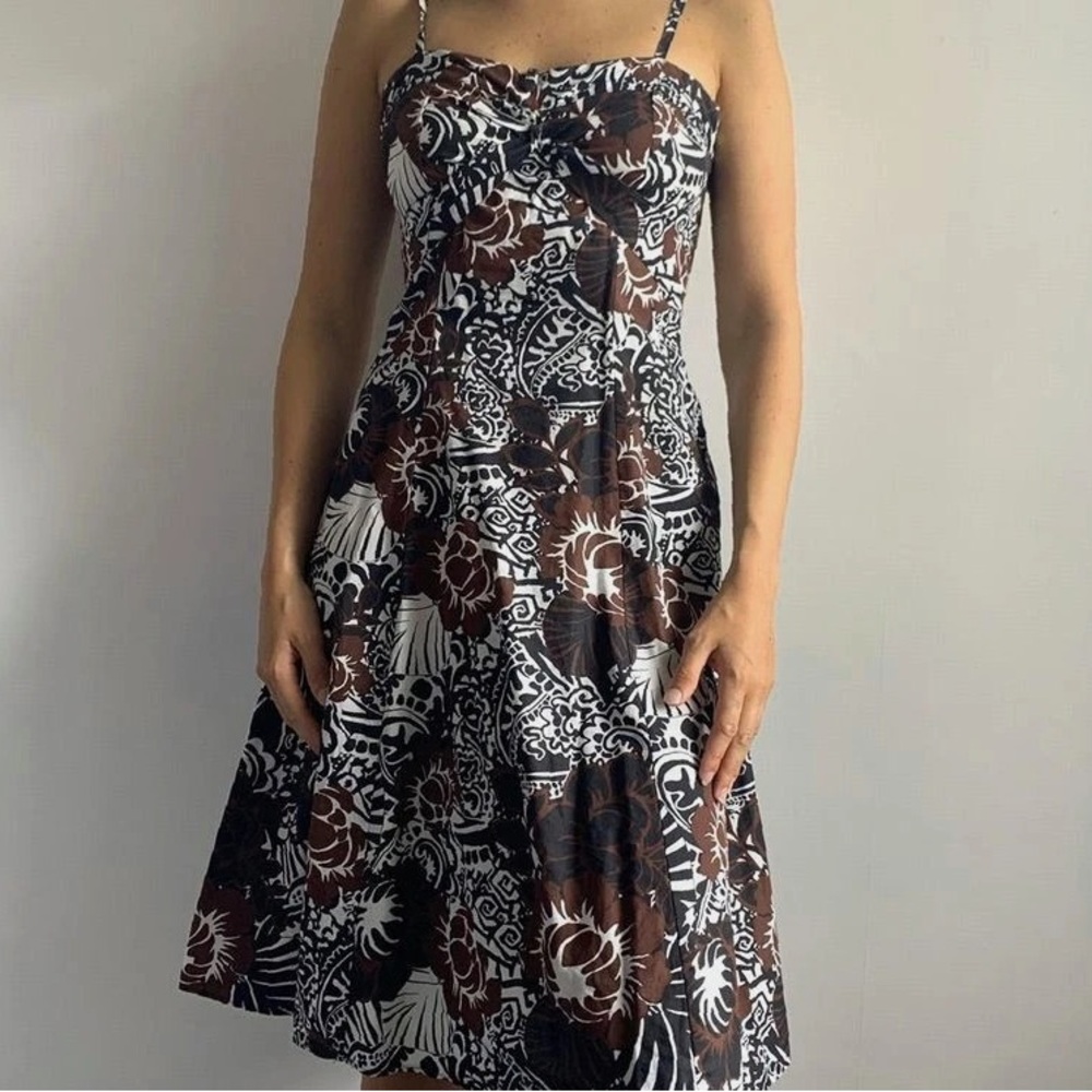 brown and white print mini slip dress